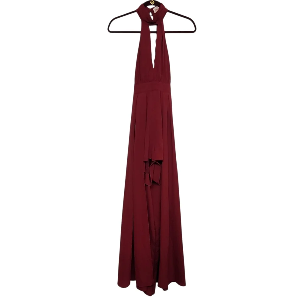 Showpo Elegant Burgundy Halter Neck Maxi Romper With Long Overlay - Size 4